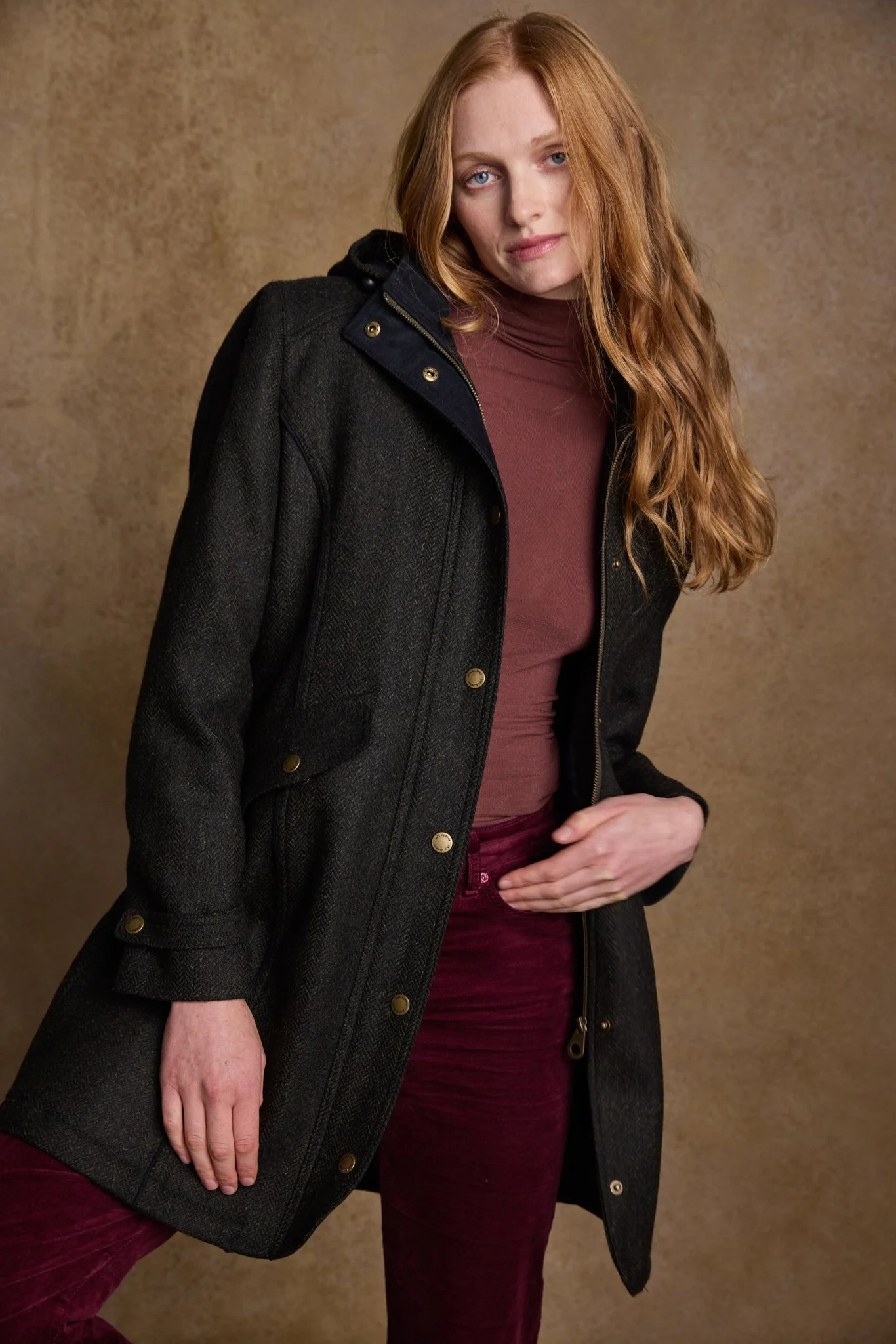 Abbie Tweed Coat - Deep Green Herringbone - Image 7