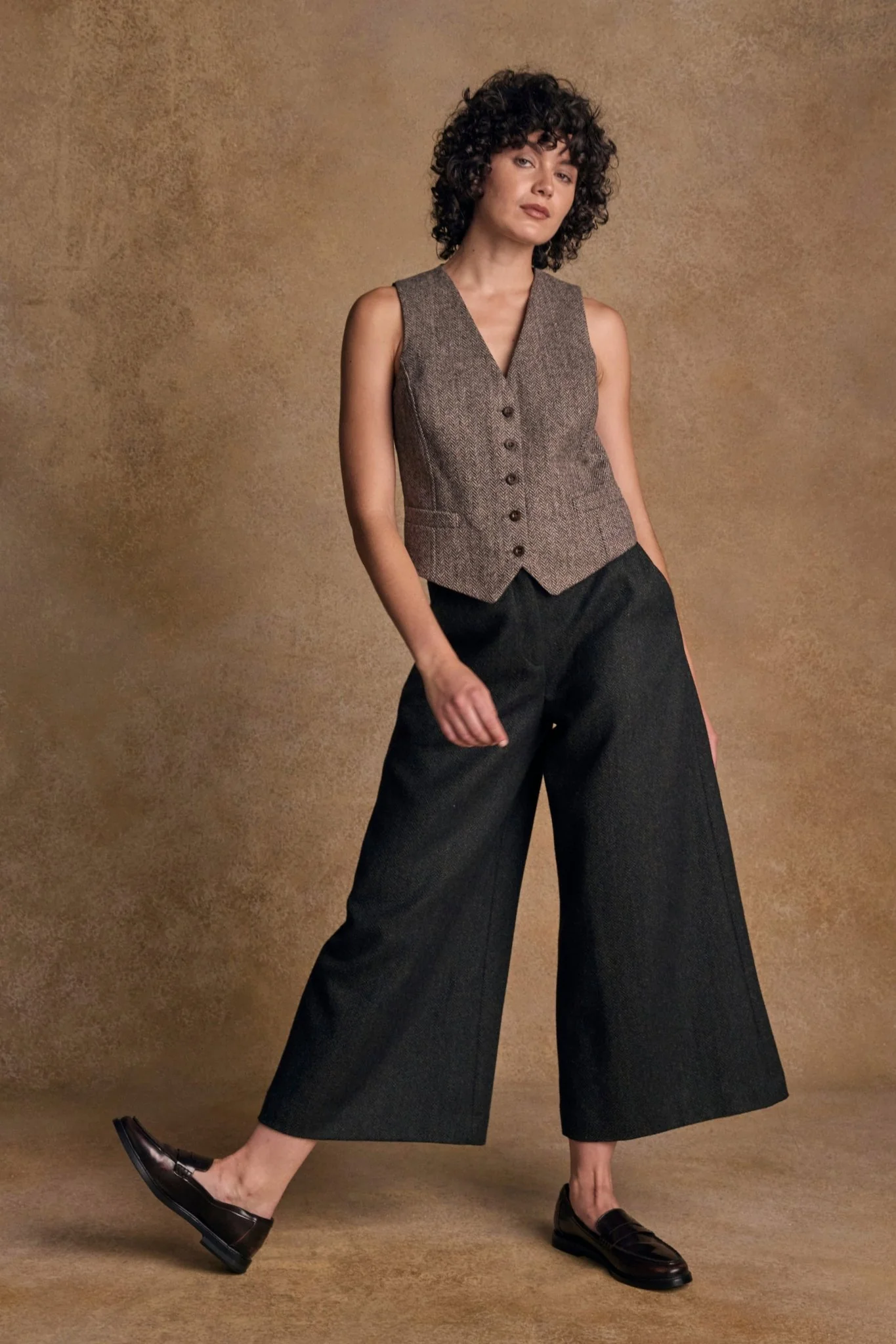 Enya Tweed Culottes - Green Herringbone - Image 4