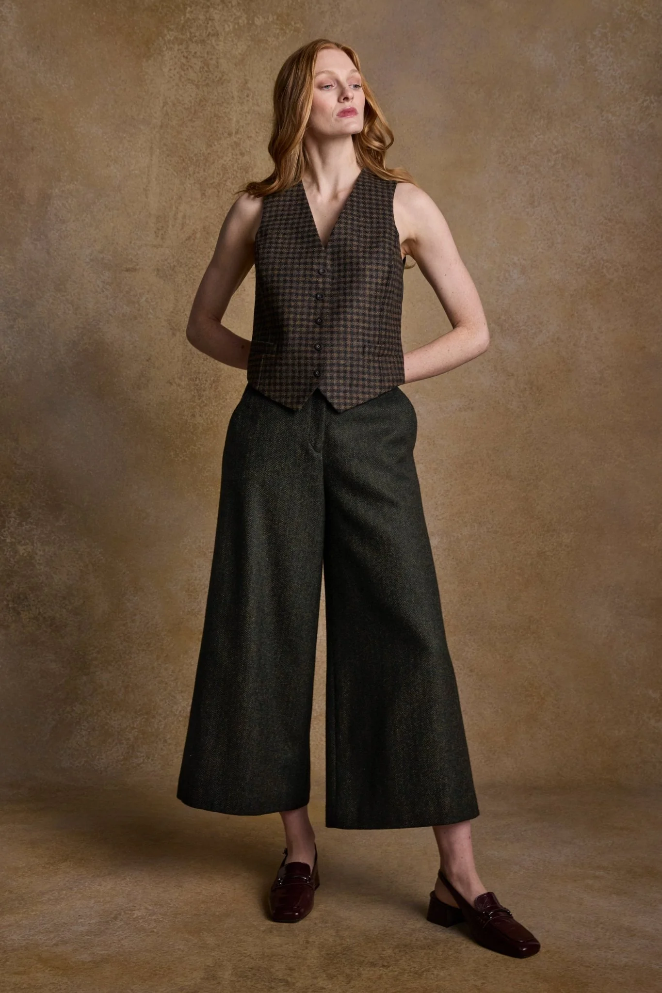 Enya Tweed Culottes - Green Herringbone - Image 5