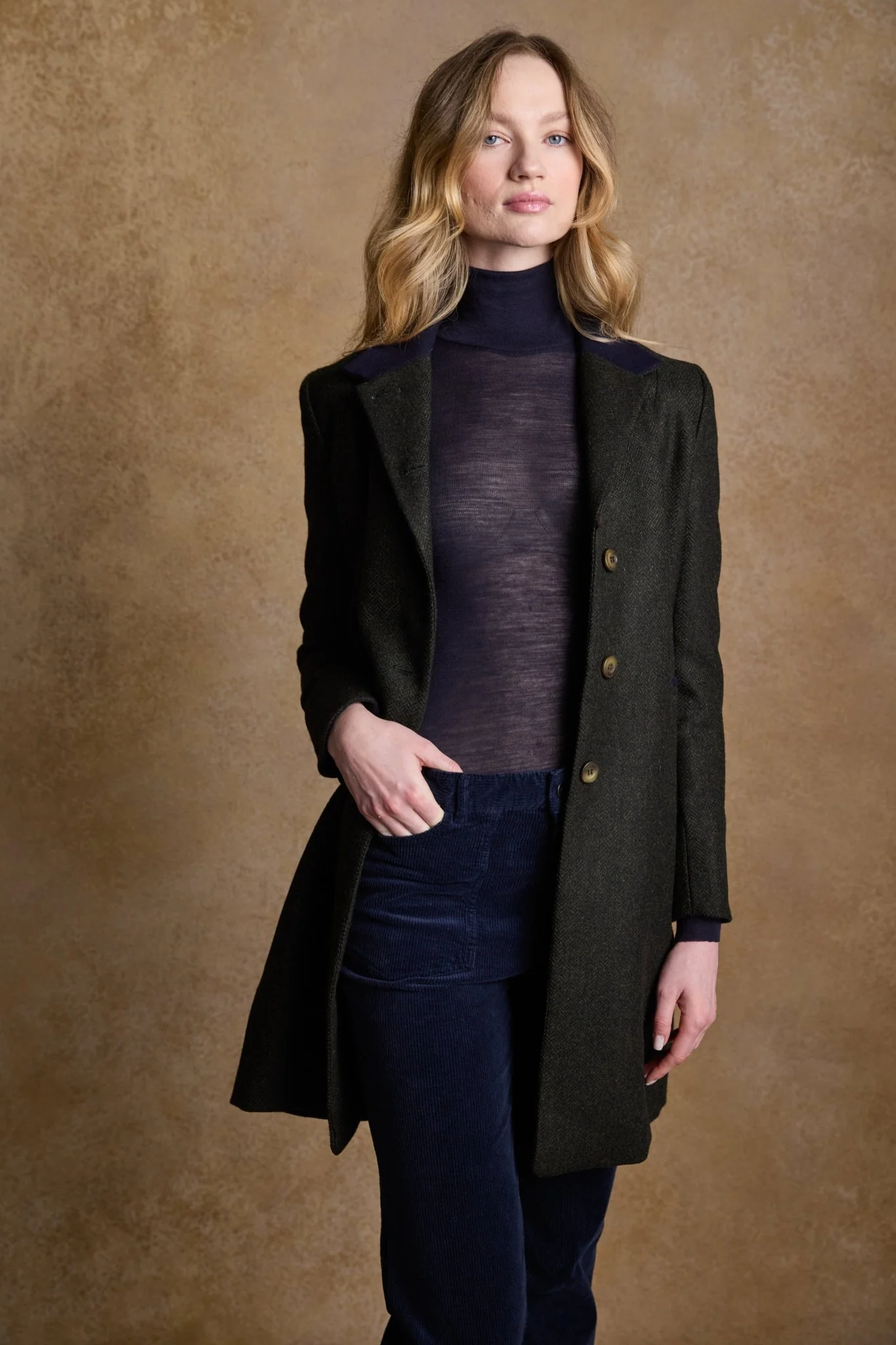 Isabella Tweed Coat - Green Herringbone - Image 8