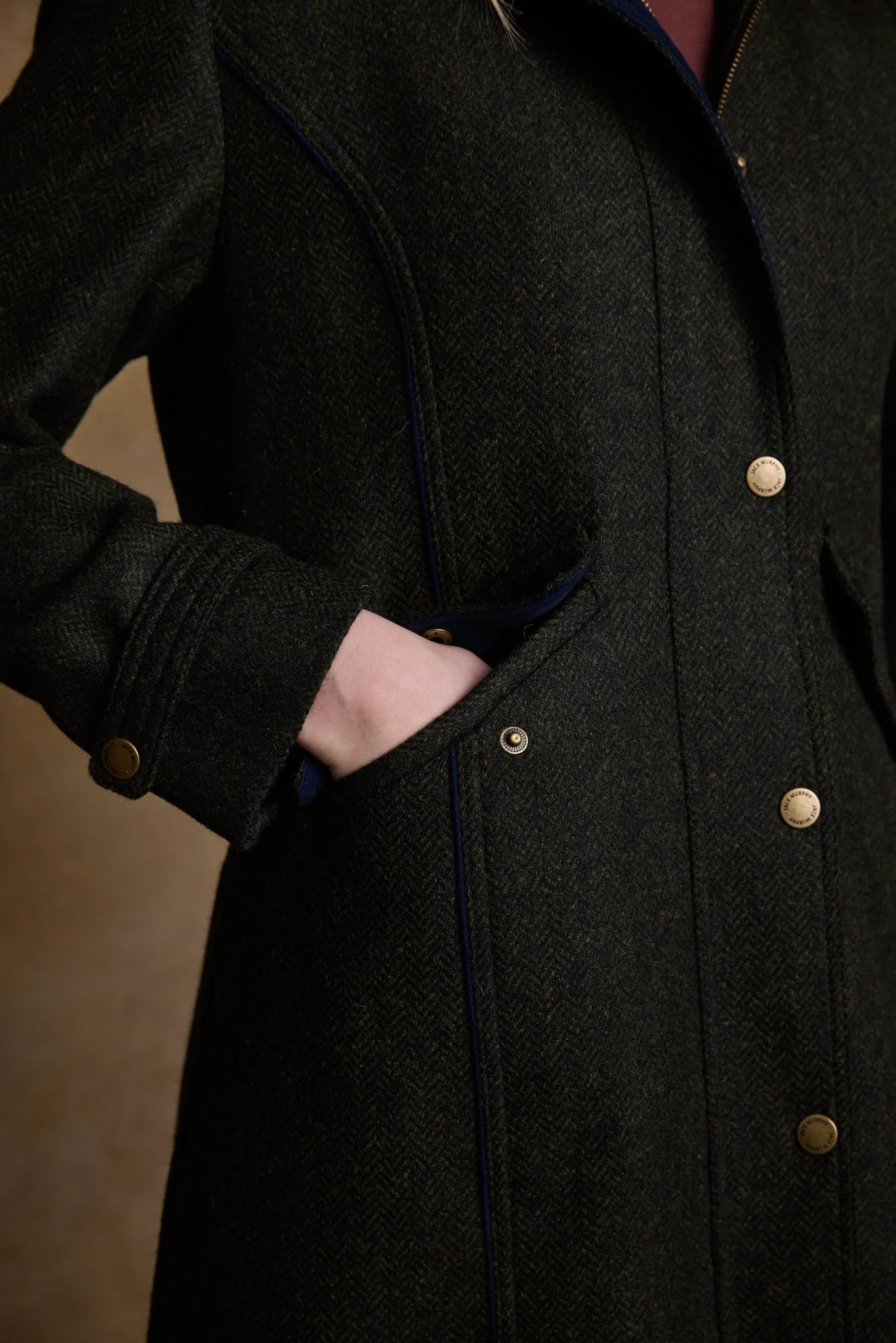 Julia Long Tweed Coat - Deep Green Herringbone - Image 5
