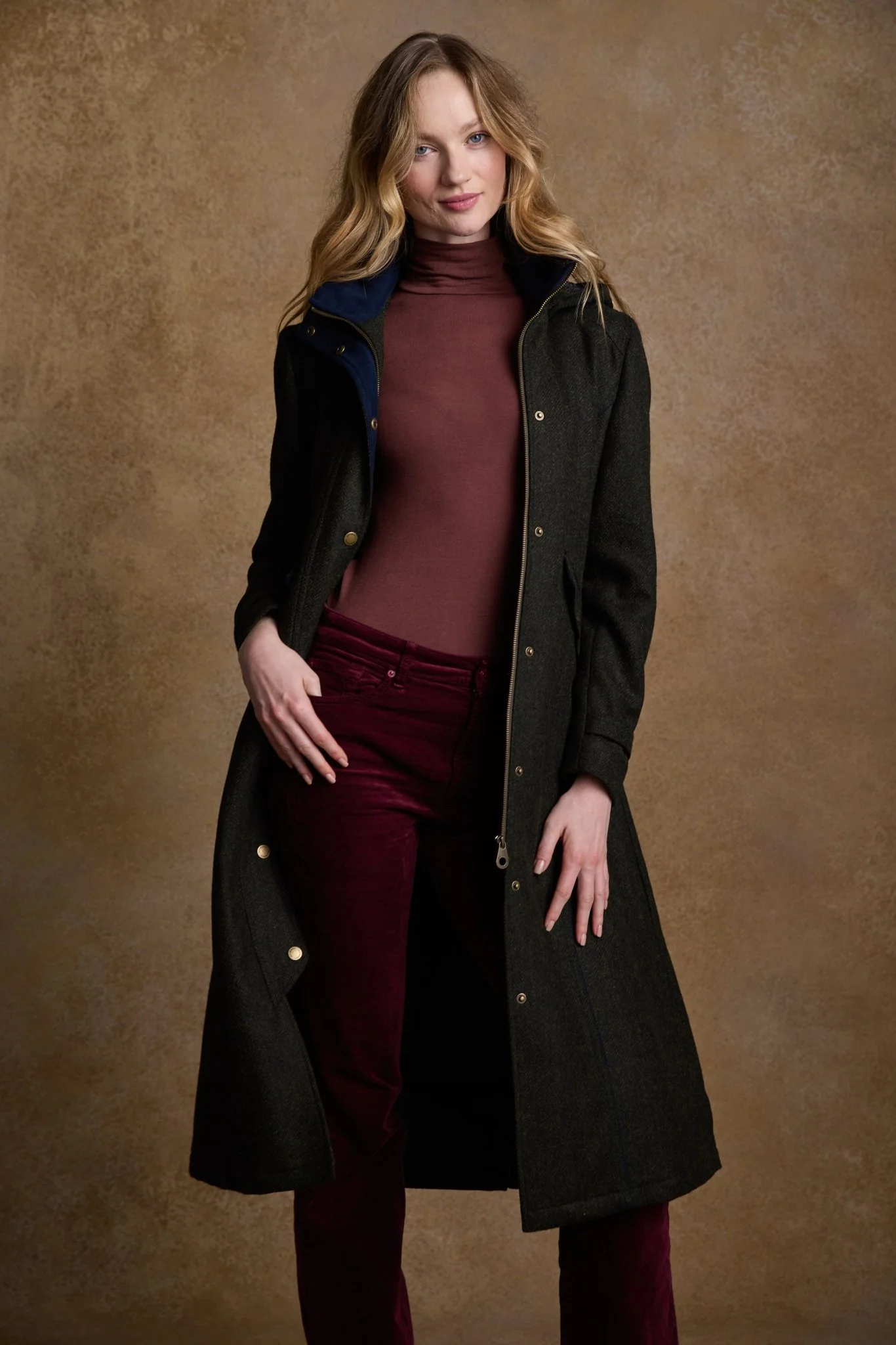 Julia Long Tweed Coat - Deep Green Herringbone - Image 6