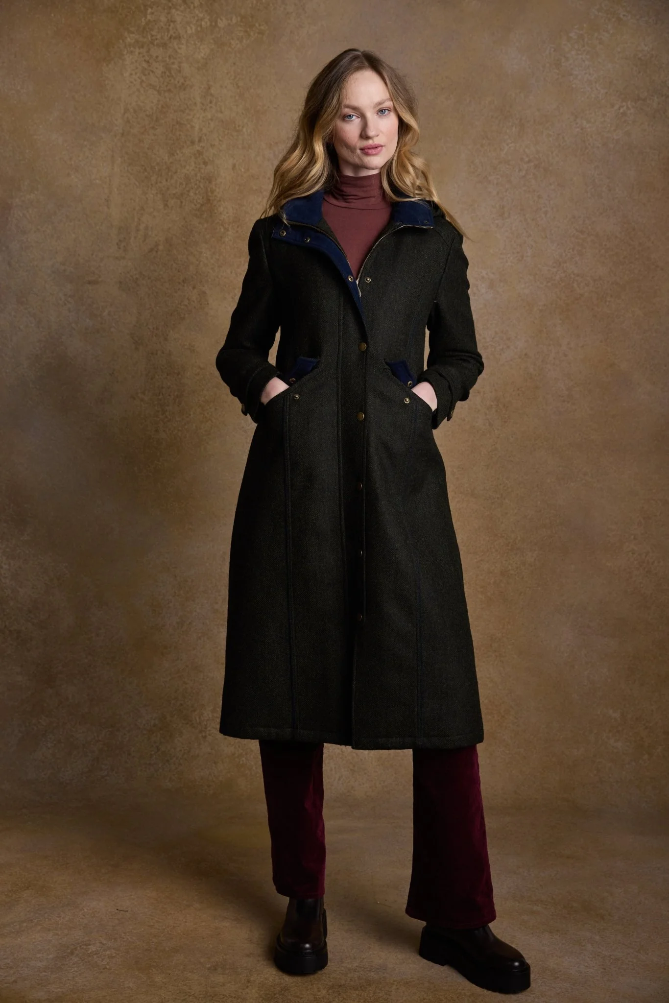Julia Long Tweed Coat - Deep Green Herringbone - Image 9