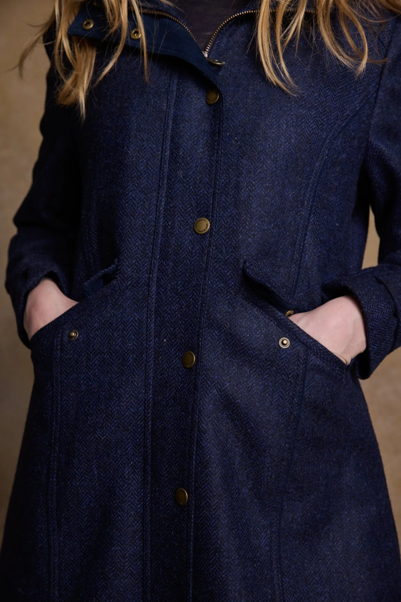 Julia Long Tweed Coat - Navy Herringbone - Image 8