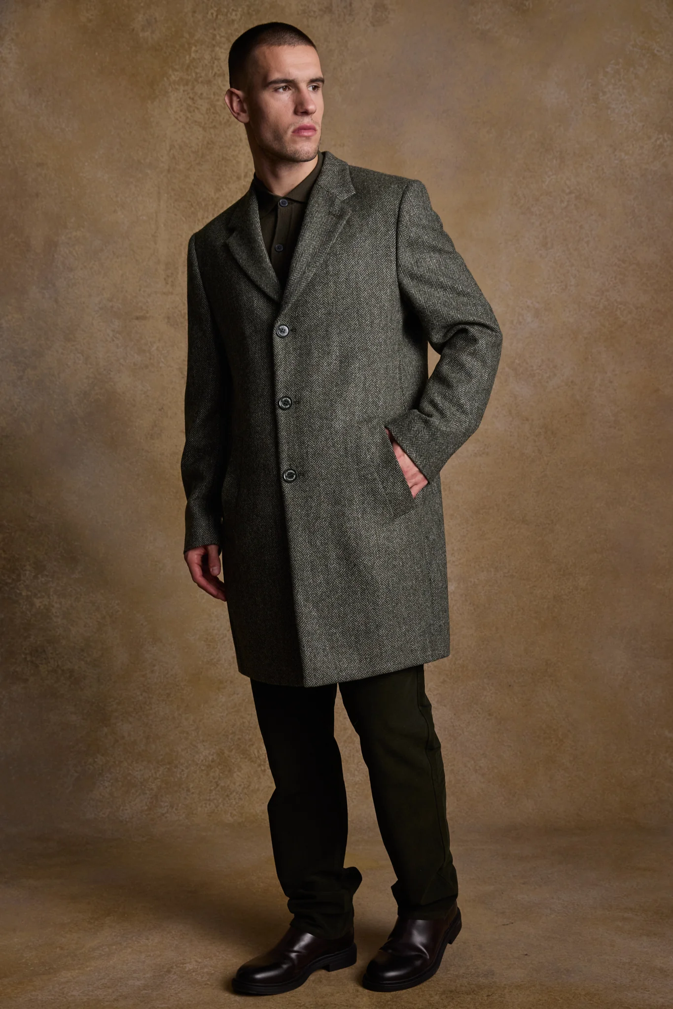 Owen Tweed Coat - Olive Herringbone - Image 5
